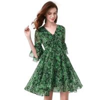 晚白 新款飘逸雪纺印花收腰A字喇叭袖V领连衣裙