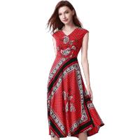 晚白 夏季新款复古印花V领高腰A字大摆修身连衣裙