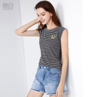 晚白 新款休闲学院风经典条纹圆领无袖套头上衣T恤衫女
