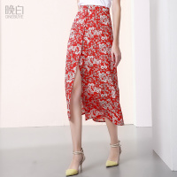 晚白 新品修身印花系扣前开叉中长款优雅半身裙
