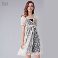 晚白 新品修身网纱V领短袖吊带显高蕾丝两件套连衣裙