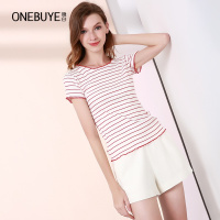 晚白 新款减龄学院风条纹修身弹力冰丝针织上衣T恤衫