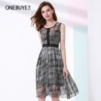 晚白 圆领无袖高腰A字飘逸雪纺印花两件套连衣裙