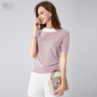 新品撞色娃娃领亮丝薄针织冰丝上衣简约T恤衫女