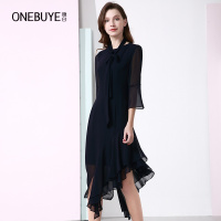 晚白 新款优雅气质纯色荷叶花边雪纺显瘦鱼尾中长款连衣裙