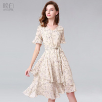 晚白 新品雪纺印花收腰系带A字飘逸荷叶边连衣裙