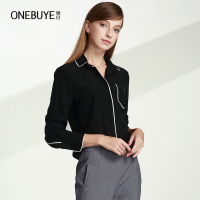 晚白 新品百搭女黑色长袖翻领优雅气质通勤欧美时尚衬衫