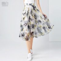 晚白 水墨印花松紧高腰A字大摆飘逸雪纺中长半身裙