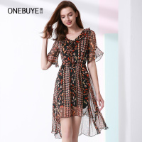 晚白 新品修身显瘦燕尾摆雪纺印花喇叭袖淑女连衣裙