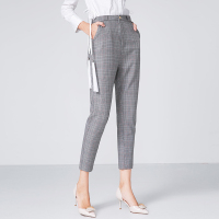 晚白 春装女新款英伦范洋气格子印花修身休闲哈伦小脚长裤