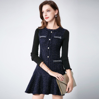 晚白 秋装新品针织拼接小香风名媛淑女修身简约长袖A摆连衣裙