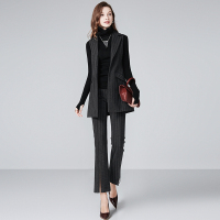 晚白 新款通勤条纹西装马甲外套喇叭裤毛呢职业套装