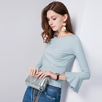 晚白 初秋新款休闲淑女纯色短款喇叭袖上衣潮打底衫T恤衫女