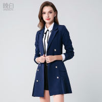 晚白 小西服新款女百褶裙式中长款OL气质小西装女外套小香风