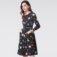 晚白 新款雪纺丝质印花连衣裙收腰显瘦长袖A字中长款通勤