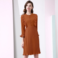 晚白 2019春新款百褶荷叶花边雪纺连衣裙长袖修身显瘦优雅气质连衣裙