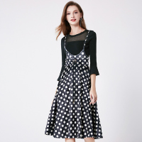 晚白 2019春装新品休闲简约上衣背带高腰撞色波点A摆套装连衣裙