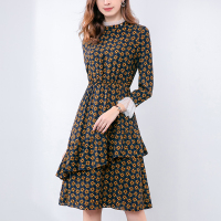 晚白2019春季新款蕾丝边印花雪纺连衣裙松紧高腰韩版荷叶花边中长款