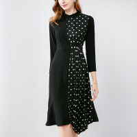 晚白春装女裙装2019新款立领长袖拼接波点不规则A摆高腰通勤连衣裙