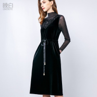 晚白女裙装2019春季新款丝绒立领系带收腰中长款一步裙长袖连衣裙