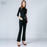 晚白春装女套装裤2019新款休闲针织衫背带高腰系腰带喇叭流苏边连体长裤两件套