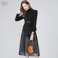 晚白夏装新时尚套装裙纯色翻领系腰带小西装过膝百褶半身裙两件套