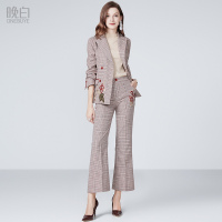 晚白 新款通勤职业格子西装上衣外套阔腿喇叭裤商务套装