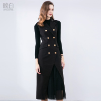 晚白 新款双排扣西装马甲蕾丝松紧腰半身裙优雅两件套