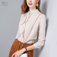 晚白 新款立领荷叶边通勤职业范OL优雅纯色上衣衬衫