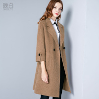 晚白 新款中长款纯色休闲大口袋九分袖外套双面羊毛呢大衣