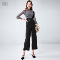 晚白 新款修身纯色上衣T恤背带高腰竖条纹阔腿九分裤套装裤女