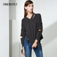 晚白 新款破洞设计时尚针织毛衣外套套头上衣长袖韩版宽松短款女