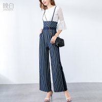 晚白 新品套装裤喇叭袖蕾丝衫阔腿裤背带长裤两件套