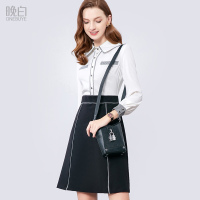 晚白女裙装2019春季新品假两件翻领单排扣长袖拼接A字衬衫连衣裙