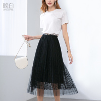 晚白2019夏季新品圆领T恤衫上衣松紧高腰大摆半身裙套装两件套女