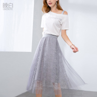 晚白2019夏季新品露肩短袖T恤高腰百褶半身裙仙女套装裙两件套女