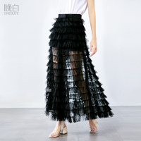 晚白女裙装2019春夏新品纯色高腰长款微透蛋糕裙拖地长裙半身裙