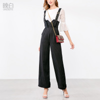 晚白女套装2019春装新款纯色圆领喇叭袖蕾丝衫条纹阔腿长裤两件套