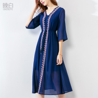 晚白 新品民族风V领系带收腰中长款大摆雪纺连衣裙