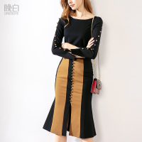 晚白女套装2019春季新品套装裙纯色圆领长袖上衣中长款过膝半身裙两件套