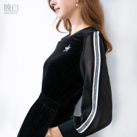 晚白女裙装春季新款圆领松紧收腰显瘦中长款长袖拼接蕾丝连衣裙