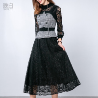 晚白女套装2019春季新款花边立领长袖收腰中长款蕾丝连衣裙两件套