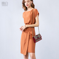 晚白2019夏季新品优雅纯色圆领收腰显瘦包臀裙中长款短袖连衣裙女