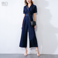 晚白2019新品通勤纯色西装领短袖系带收腰显瘦阔腿裤连体裤女