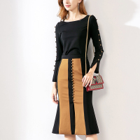 晚白2019秋季新品套装裙圆领长袖上衣拼色高腰包臀半身裙两件套女