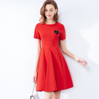 晚白2019夏季新品简约圆领刺绣收腰显瘦A字摆公主裙短袖连衣裙女