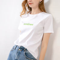 晚白 女上装新品字母全棉休闲宽松圆领短袖常规直筒T恤衫