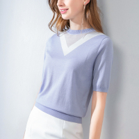 晚白 新品时尚百搭简约圆领短袖薄款T恤上衣套头针织衫女
