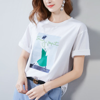 晚白新品时尚休闲百搭圆领宽松常规款印花短袖T恤上衣女