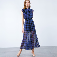 晩白 新品格子上衣衬衫高腰阔腿裤长裤两件套时尚套装